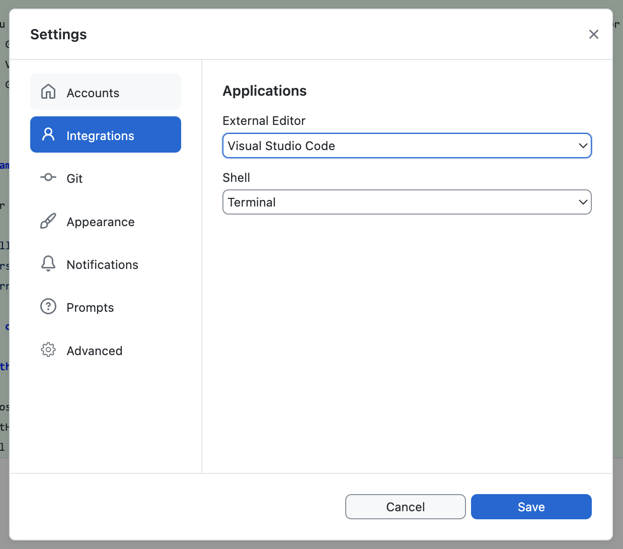 GitHub Desktop settings showing VS Code as default editor