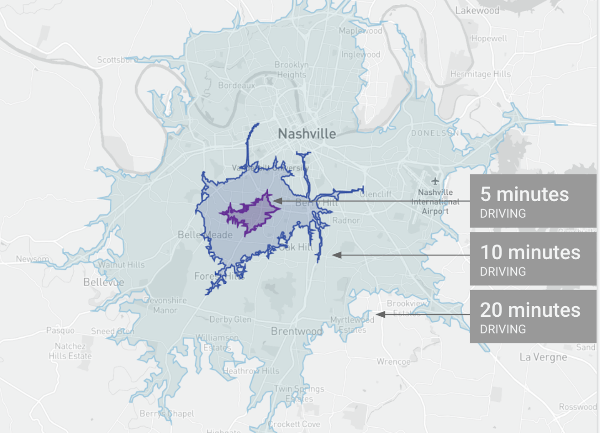 Isochrone example from Mapbox
